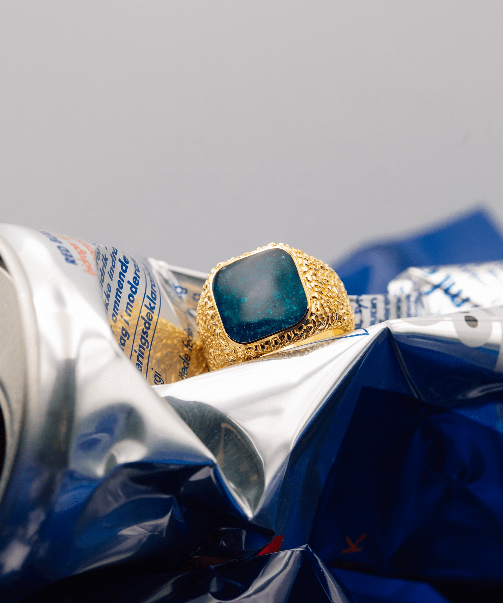 IX Crunchy Cushion Blue Enamel Signet Ring