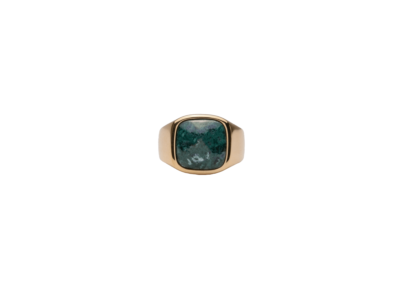 IX Cushion Signet Ring Green Marble Gold 14K